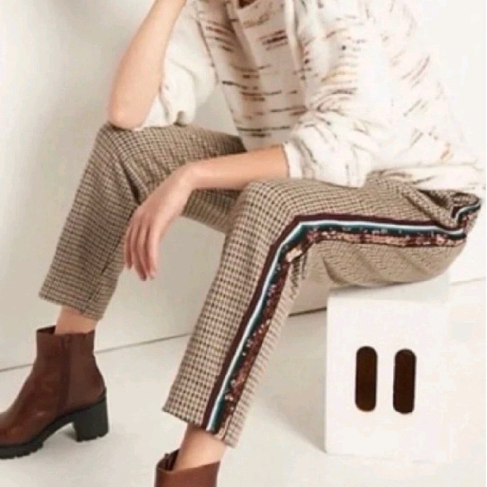 Anthropologie Maeve Bettie Tapered Trousers Womens XS Brown Houndstooth Sequin‎